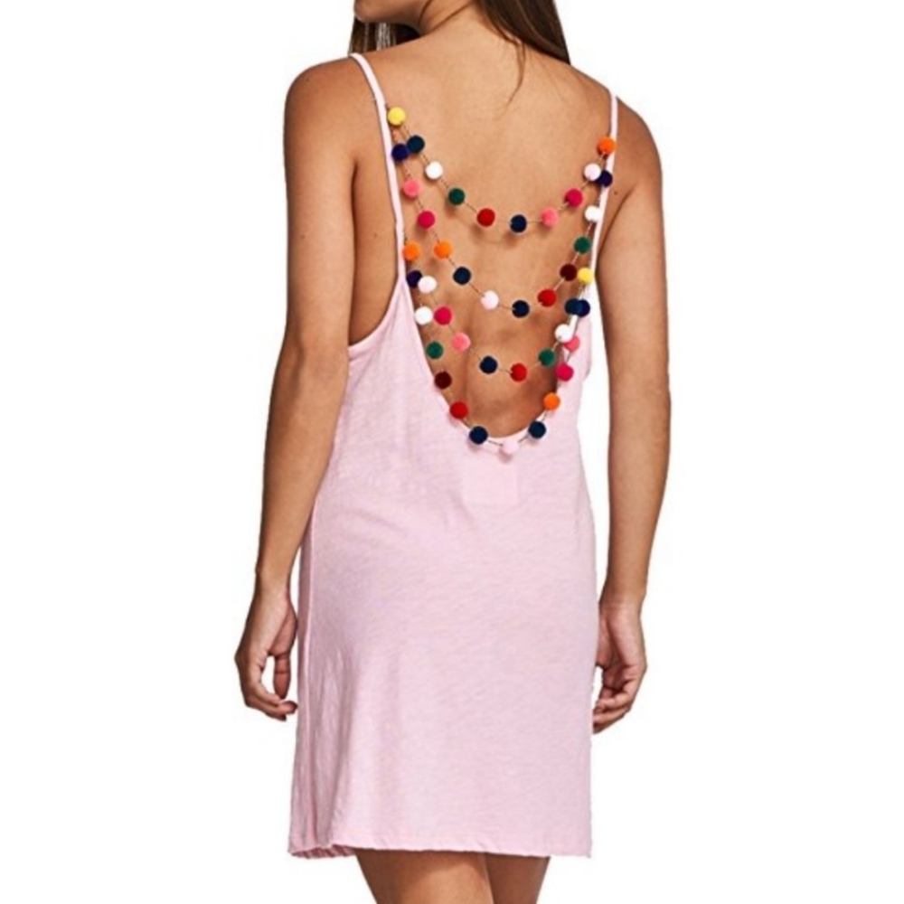 Pitusa Women's Pink Cover Up Mini Dress Sz M/L/XL Standard Back Pompoms